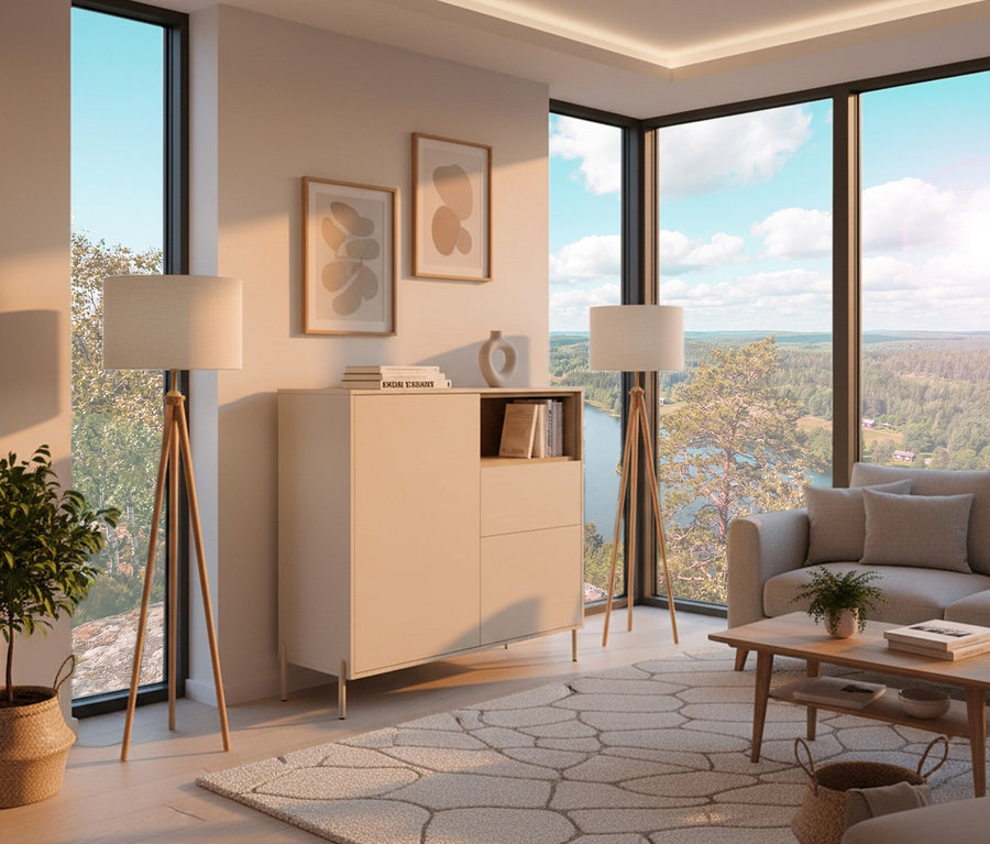 Wohnzimmer mit Highboard »Hygge« in Cashmere-Weiß, zwei Stehlampen, Sofa, Couchtisch und Teppich vor Fensterfront mit Ausblick.