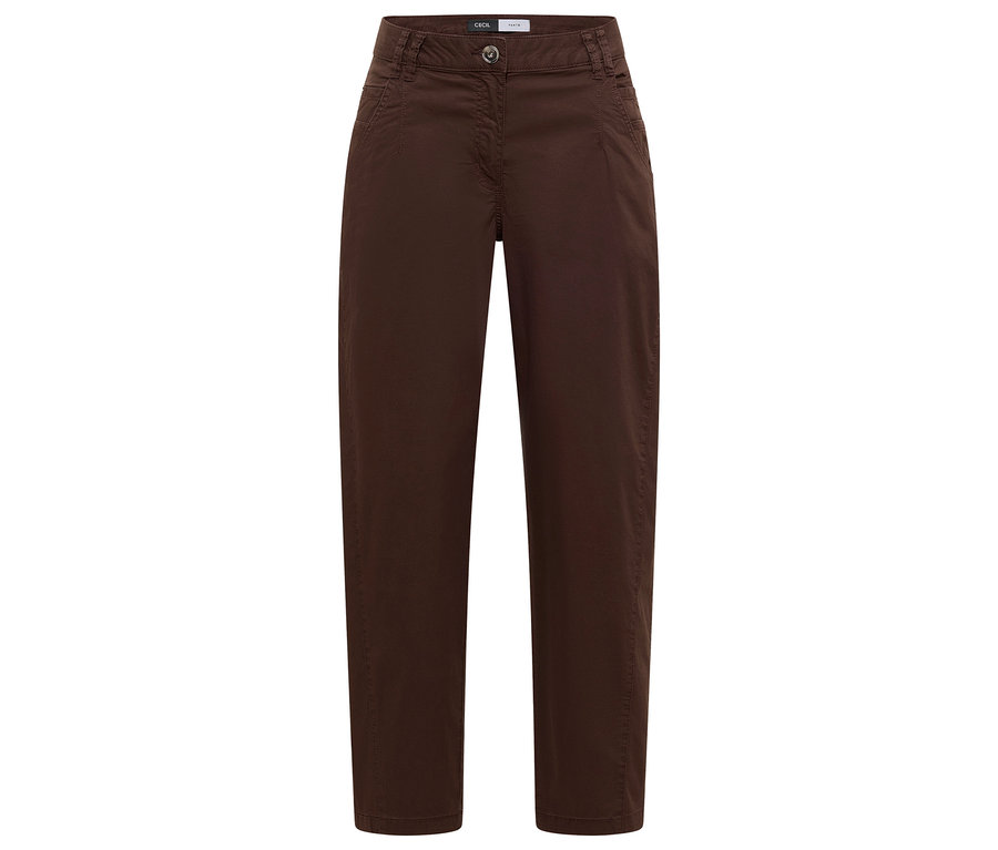Braune CECIL Barrel Hose »Scarlett« mit Knopf- und Reißverschluss, flach liegend vor weißem Hintergrund.