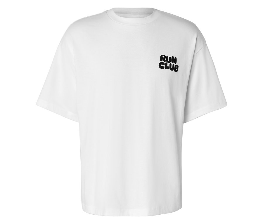Weißes Sportshirt mit schwarzem 'RUN CLUB'-Aufdruck auf der Brust.