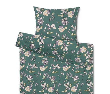 Bettwäsche-Set mit Blumenmuster in Grün, bestehend aus einem Kissenbezug und einem Bettbezug.