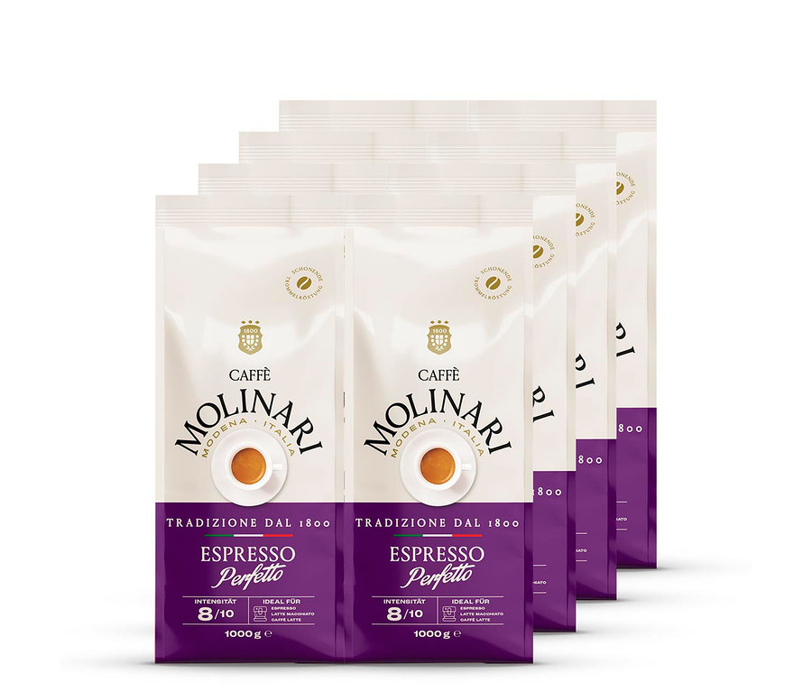 Vier Packungen Caffè Molinari Espresso Perfetto - 8x 1 kg Ganze Bohne.