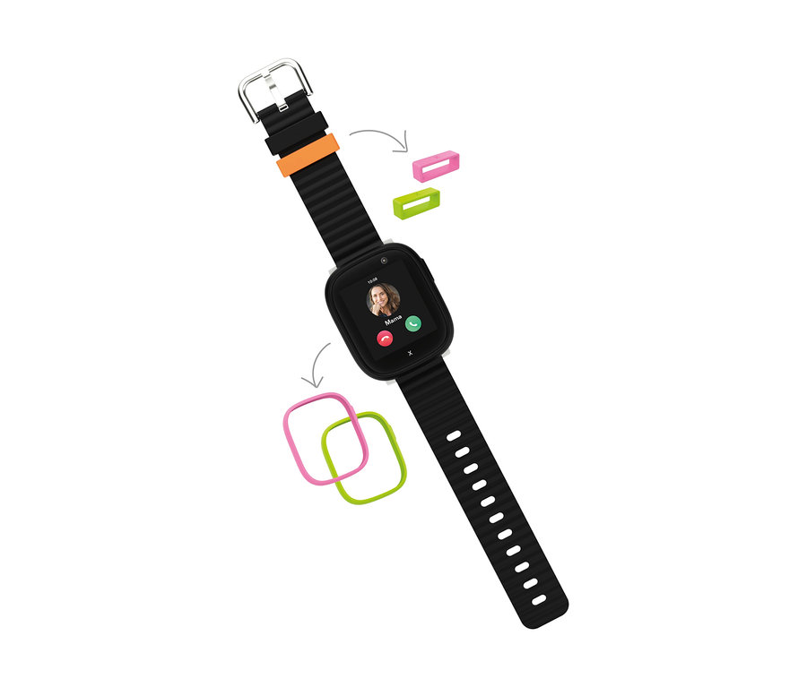 Eine schwarze Smartwatch mit bunten Zierrahmen.