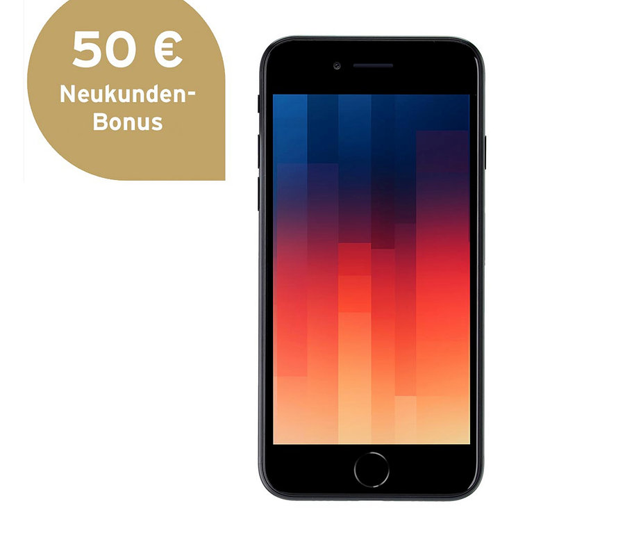 Ein schwarzes Apple iPhone SE 2022 mit einem abstrakten Hintergrundbild.