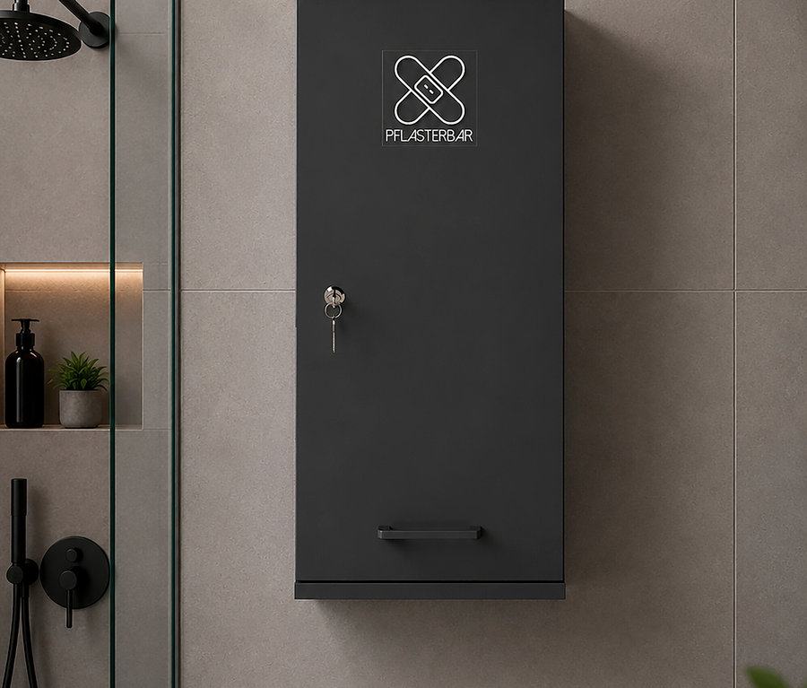 Ein modernes Badezimmer mit grauen Fliesen zeigt einen dunkelgrauen Wandschrank mit „PFLASTERBAR“-Logo, einem Schlüssel im Schloss und einem Griff. Links trennt eine Glaswand den Duschbereich mit schwarzem Duschkopf und einer Nische mit schwarzer Flasche und kleiner Pflanze.