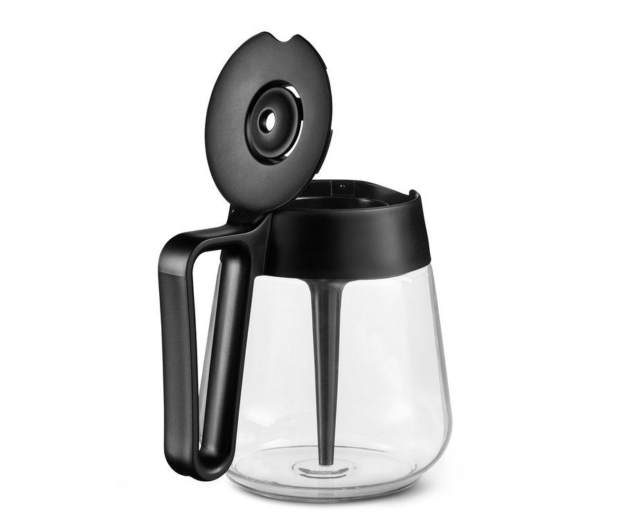 Detailansicht einer schwarzen »Let's Brew« Filterkaffeemaschine mit geöffnetem Deckel.