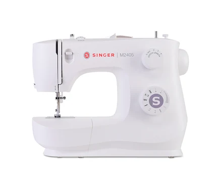 Detailaufnahme einer weißen Singer Nähmaschine M2405.