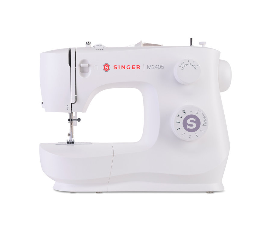 Detailaufnahme einer weißen Singer Nähmaschine M2405.