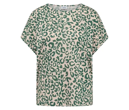 CECIL Kurzarmshirt in Beige mit grünem Leopardenmuster.