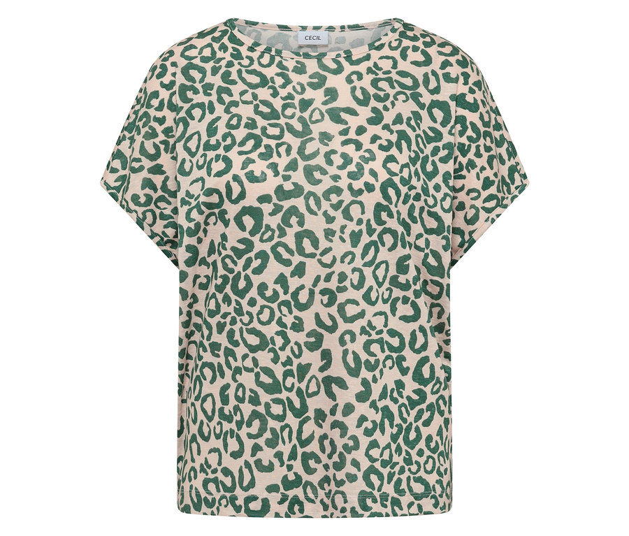 CECIL Kurzarmshirt in Beige mit grünem Leopardenmuster.