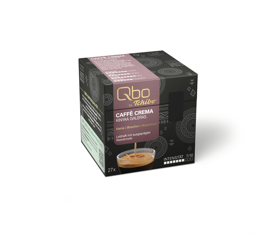 Dunkelgraue Qbo by Tchibo Caffè Crema Kinyaa Galeras Kaffeekapselbox mit Muster, zeigt Kaffee beim Einschenken, Herkunft Kenia, Brasilien, Kolumbien, 27 Kapseln, Intensität 7/10.