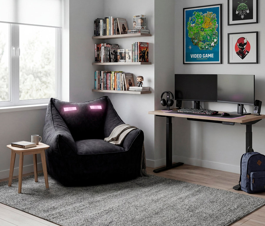Ein Gaming-Zimmer mit einem dunkelgrauen Sitzsack mit leuchtenden rosa Augen, einem kleinen Holztisch und Bücherregalen. Rechts davon ein Holzschreibtisch mit zwei Monitoren, Tastatur, Maus, Kopfhörern und Lautsprechern. Drei gerahmte Videospiel-Poster hängen über dem Schreibtisch. Ein grauer Teppich bedeckt den Boden.