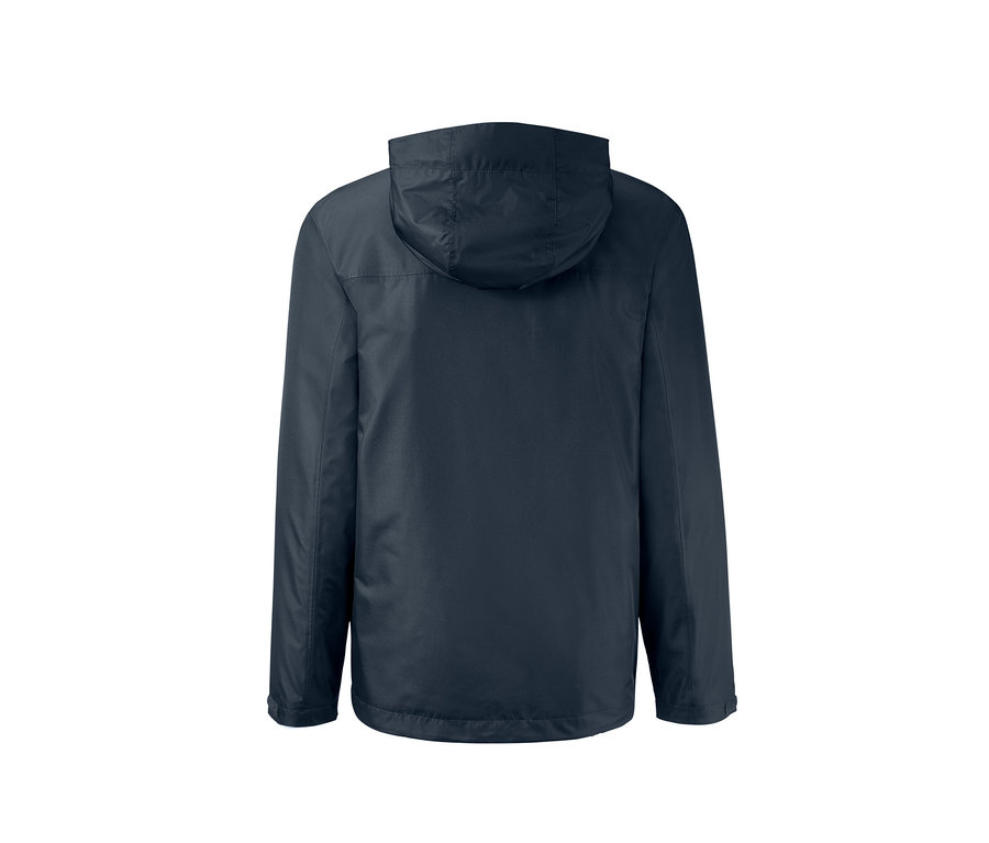 Dunkelblaue Jacke mit Kapuze, Rückansicht.