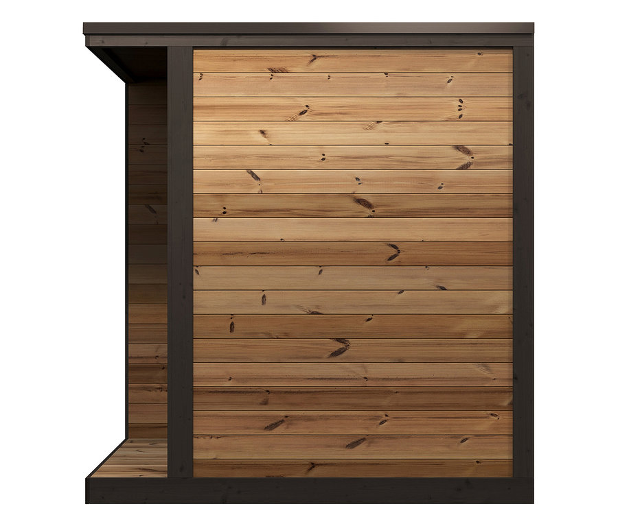 Holzkonstruktion mit hellbraunen horizontalen Brettern und sichtbaren Ästen, umrahmt von dunkelbraunem Holz, mit einer offenen Seite links.