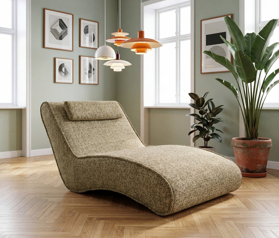 Eine moderne beigefarbene Chaiselongue steht auf einem Fischgrätparkettboden in einem Raum mit hellgrünen Wänden. Fenster, abstrakte Kunst, Topfpflanzen und bunte Pendelleuchten schmücken den Raum.