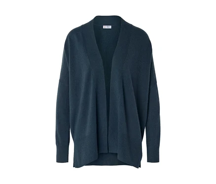 Dunkelblauer, offener Strickcardigan mit langen Ärmeln und entspanntem Schnitt.