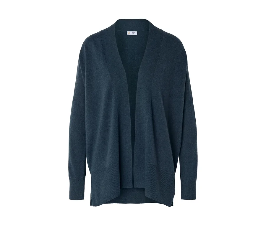 Dunkelblauer, offener Strickcardigan mit langen Ärmeln und entspanntem Schnitt.