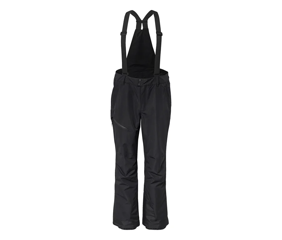 Schwarze Skihose mit Trägern und Reißverschlusstasche am linken Oberschenkel.