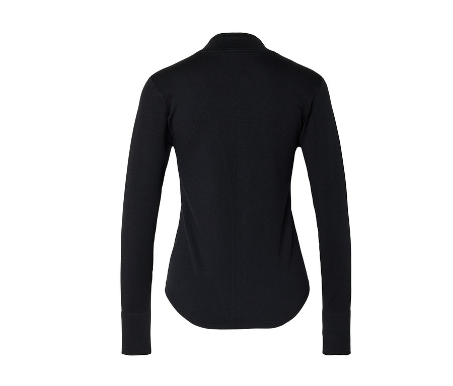 Schwarzes Langarmshirt von hinten gesehen, mit Stehkragen, langen Ärmeln und abgerundetem Saum. Dezente diagonale Muster sind auf dem Rücken sichtbar.