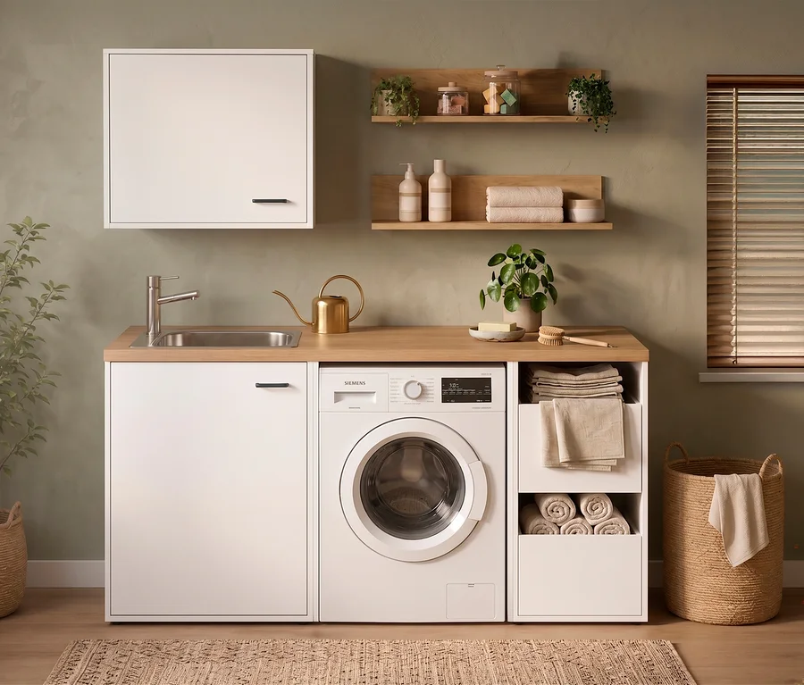 Ein mattweißer Waschmaschinenumbau »Solea U670« mit integrierter Spüle und Siemens-Waschmaschine in einem Waschraum. Darüber hängen ein Wandschrank und zwei Holzregale mit Pflanzen und Handtüchern.