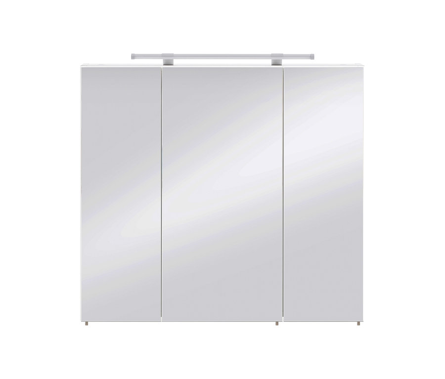 Weißer dreitüriger Spiegelschrank Dorina mit Lichtleiste oben.