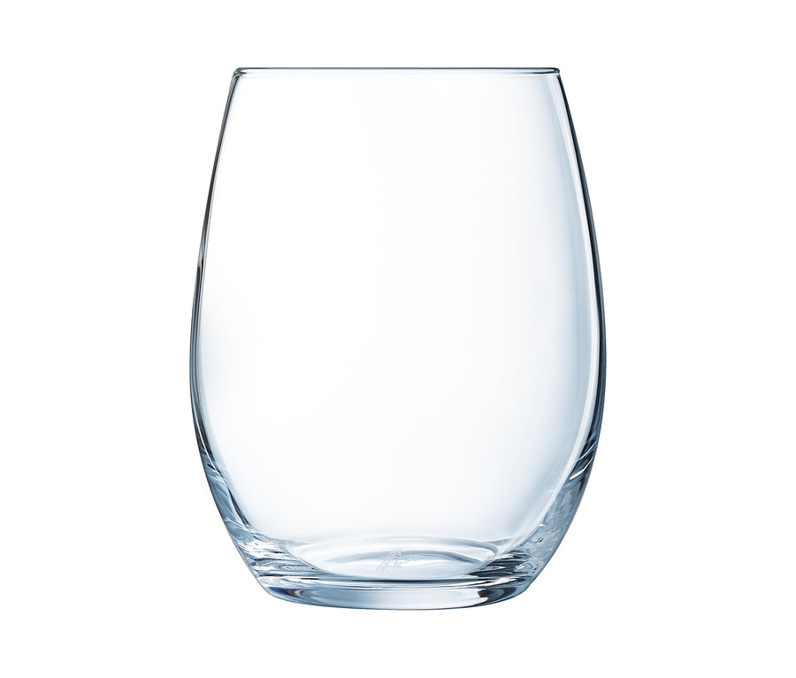 Leeres, klares, stielloses Glas mit abgerundetem, leicht zulaufendem Körper und flachem Boden.