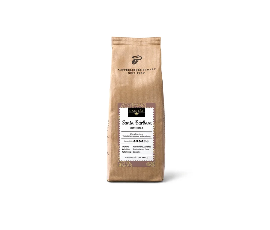 Eine Packung RA TC Rarität Guatemala Kaffeebohnen mit Noten von Vollmilchschokolade und Aprikose.