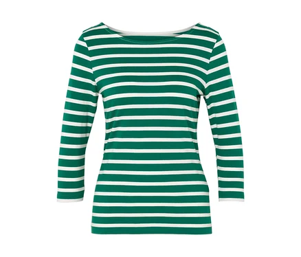 Grün-weiß gestreiftes Langarmshirt.