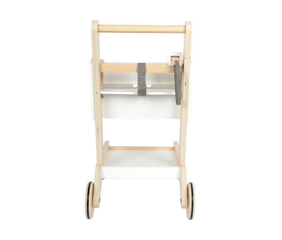 Hölzerner Baby-Lauflernwagen mit weißen Paneelen und einem grauen Sicherheitsgurt, von vorne gesehen.