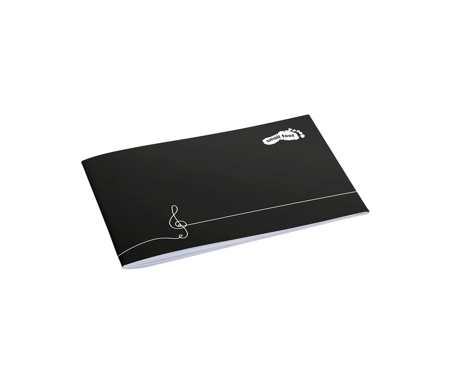 Schwarzes Heft mit weißem Notenschlüssel, Notenlinie und dem weißen „small foot“-Logo mit Fußabdruck.