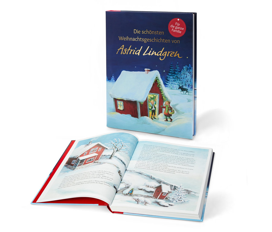 Ein aufgeschlagenes Buch und dahinter das Buch 'Die schönsten Weihnachtsgeschichten von Astrid Lindgren'.