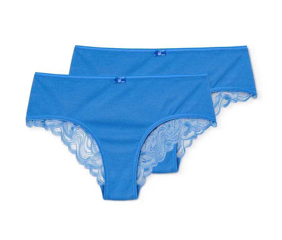 Zwei blaue Brazilslips mit Spitze.