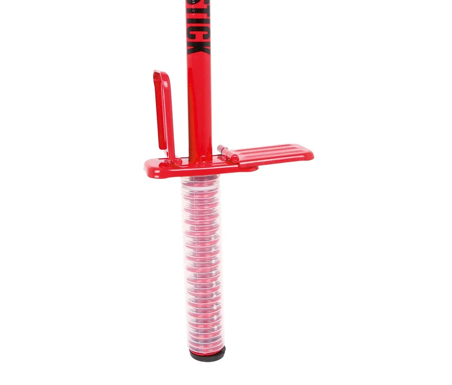 Roter Pogo-Stick mit schwarzem Schriftzug „STICK“ am Stab, roten Fußstützen und einem transparenten Gehäuse, das rote Federn zeigt. Unten befindet sich eine schwarze Gummispitze.