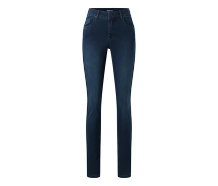 Dunkelblaue Angels Denim Skinny Jeans mit klassischem Fünf-Taschen-Design, flach liegend.