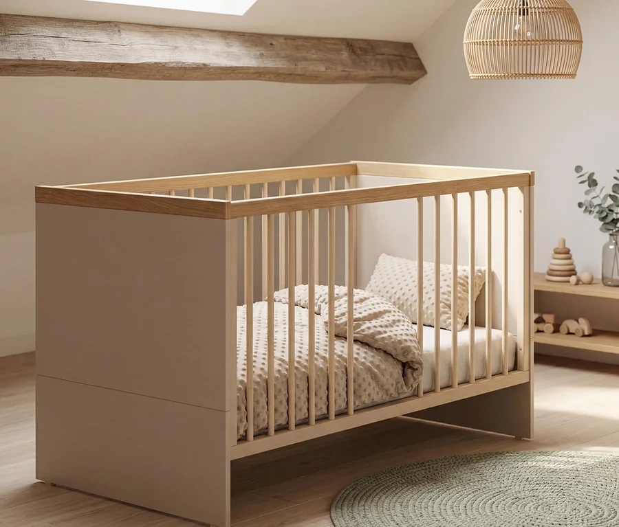 Roba Kinderbett Elva in Cashmere und Virginia Chestnut, mit gepunkteter Bettwäsche, in einem hellen Kinderzimmer mit Holzbalken und Spielzeugregal.