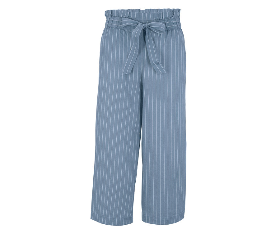 Blaue Leinen-Culottehose mit weißen Streifen und Bindeband in der Taille.