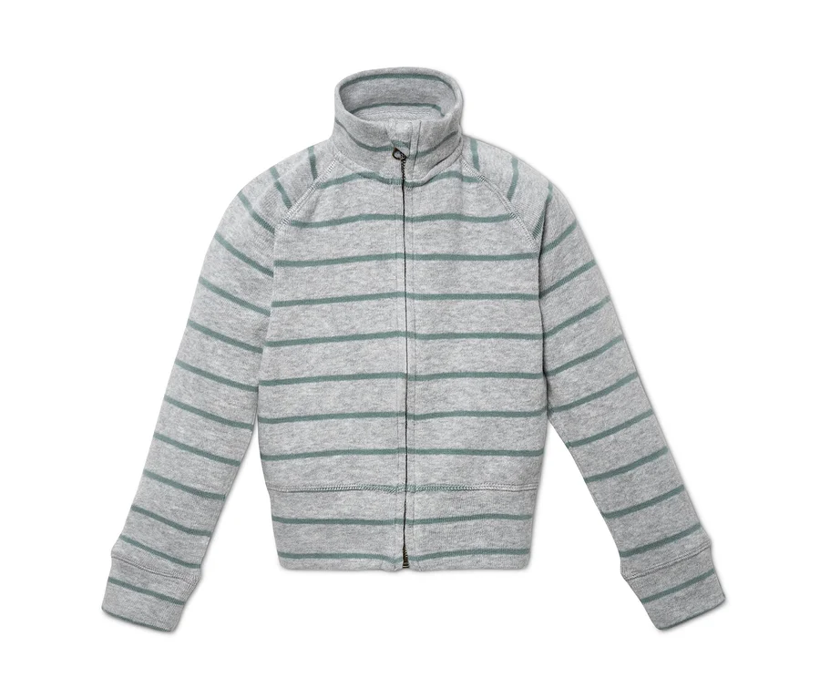 Sportive Strickjacke mit Reissverschluss, grau mit Streifen.