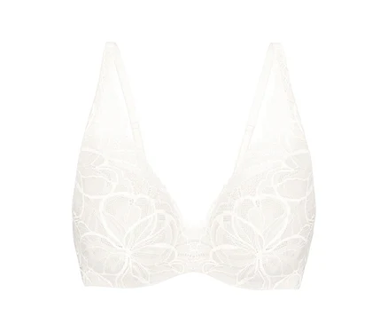 Weißer Triumph Body Makeup Illusion Lace WP BH mit floralem Spitzenmuster und dünnen Trägern.