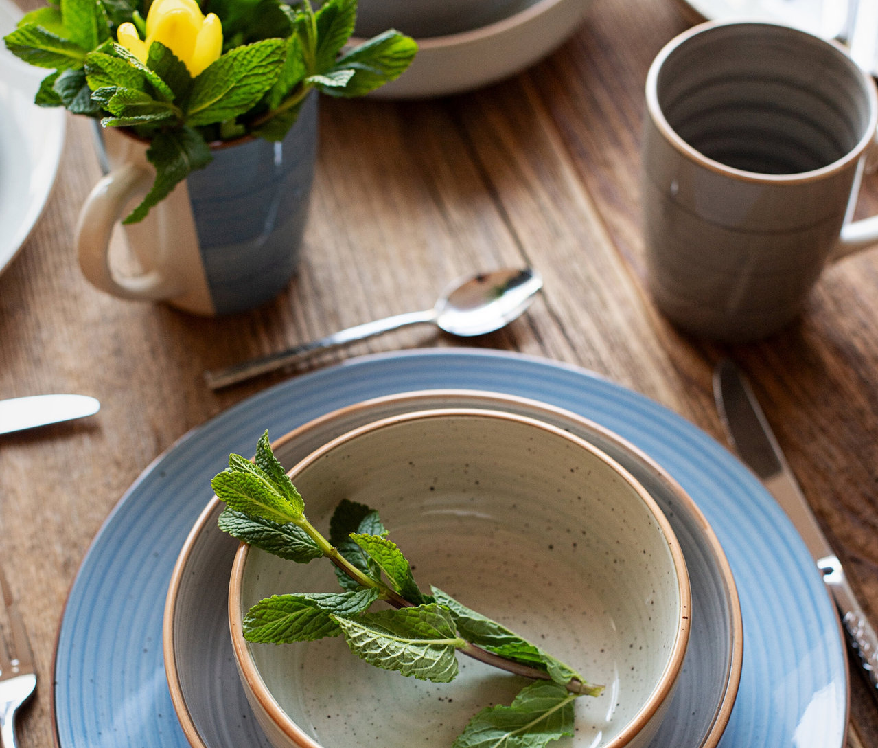 Gedeck auf Holztisch: Blauer Teller und beige Schale des Mäser Geschirr-Sets Valmera mit Minzzweig. Beige Tasse, zweifarbige Tasse mit Minze/gelber Blume, Besteck.