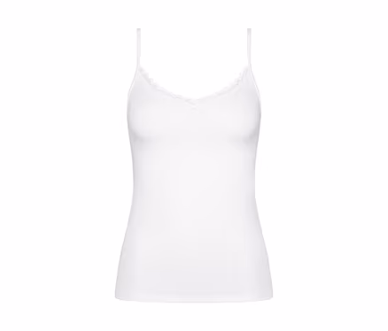 Weißes Triumph Feel Of Cotton Spaghetti-Top mit V-Ausschnitt und zarter Spitzenborte.