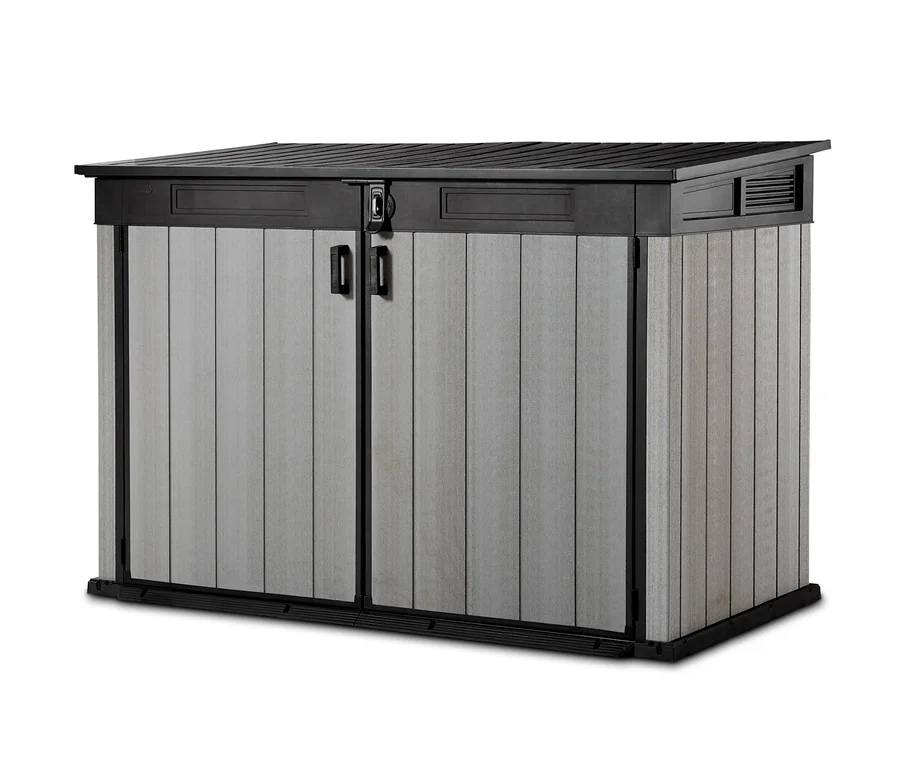 Universal-Aufbewahrungsbox XXL und Fahrradgarage mit zwei grauen Türen und schwarzem Dach.