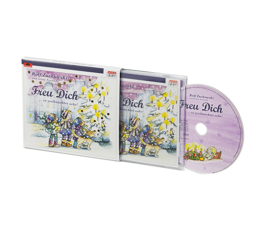 Cover und CD von Rolf Zuckowski »Freu dich! Es weihnachtet sehr ...« mit einer gezeichneten Illustration von Kindern und einem Hund an einem Weihnachtsbaum.