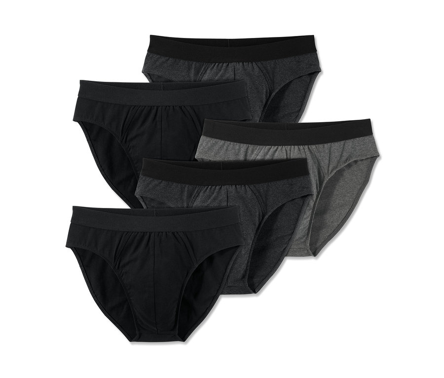 Fünf Slips: zwei schwarze, zwei dunkelgraue und eine hellgraue.