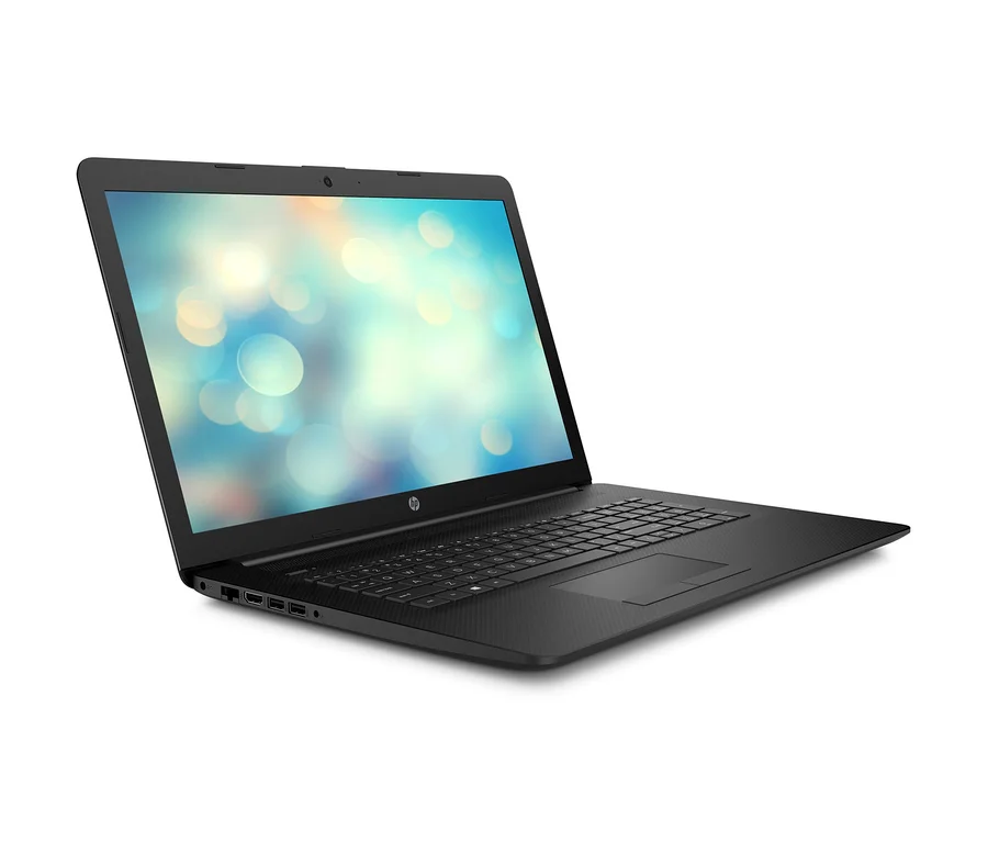 Ein schwarzes HP-Notebook mit einem Bildschirm, der einen abstrakten Hintergrund anzeigt.