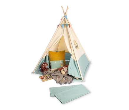 Beiges Pinolino Zelt »Tipi Yuma« mit blauem Rand, innen Spielzeug und Kissen.