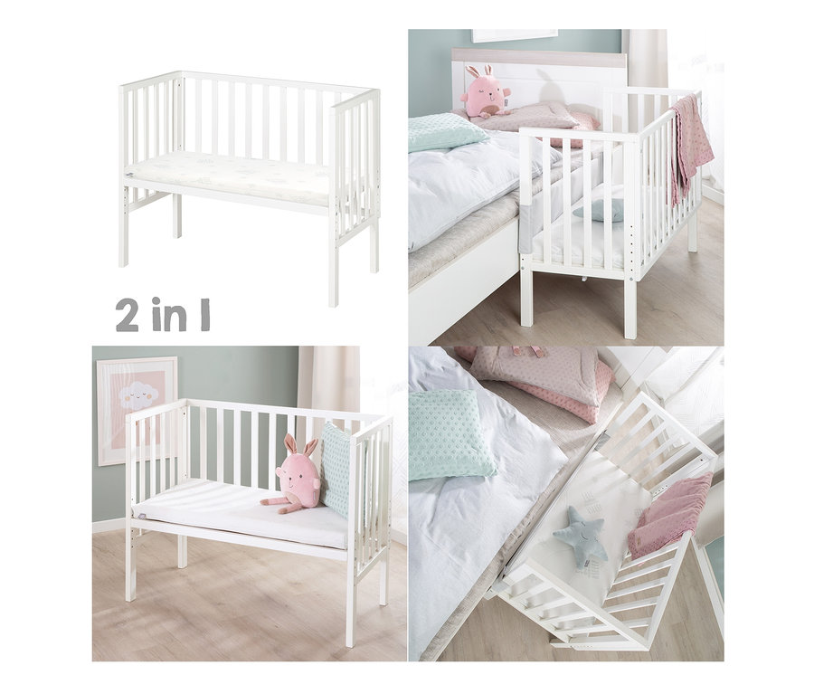 Vier Aufnahmen von einem weißen roba 2-in-1-Beistellbett »safe asleep®«.