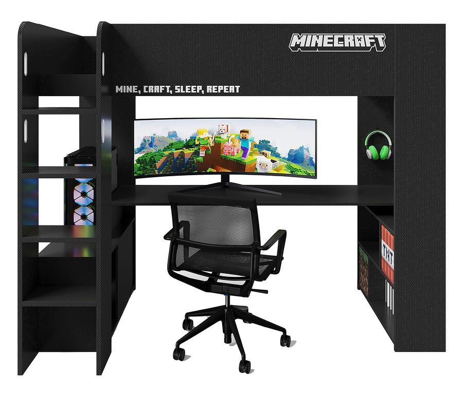 Schwarzer Gaming-Tisch mit Computer, Stuhl und Kopfhörern.