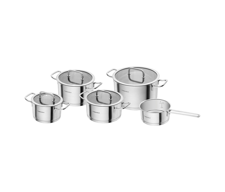 Fünfteiliges Henckels by ZWILLING »Pulse« Kochgeschirrset aus Edelstahl, bestehend aus vier Töpfen mit Glasdeckeln und einem Stieltopf mit Messskala.