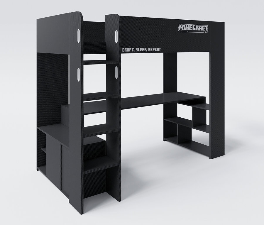 Schwarzes roba Minecraft Gaming-Bett mit Schreibtisch und Stauraum.