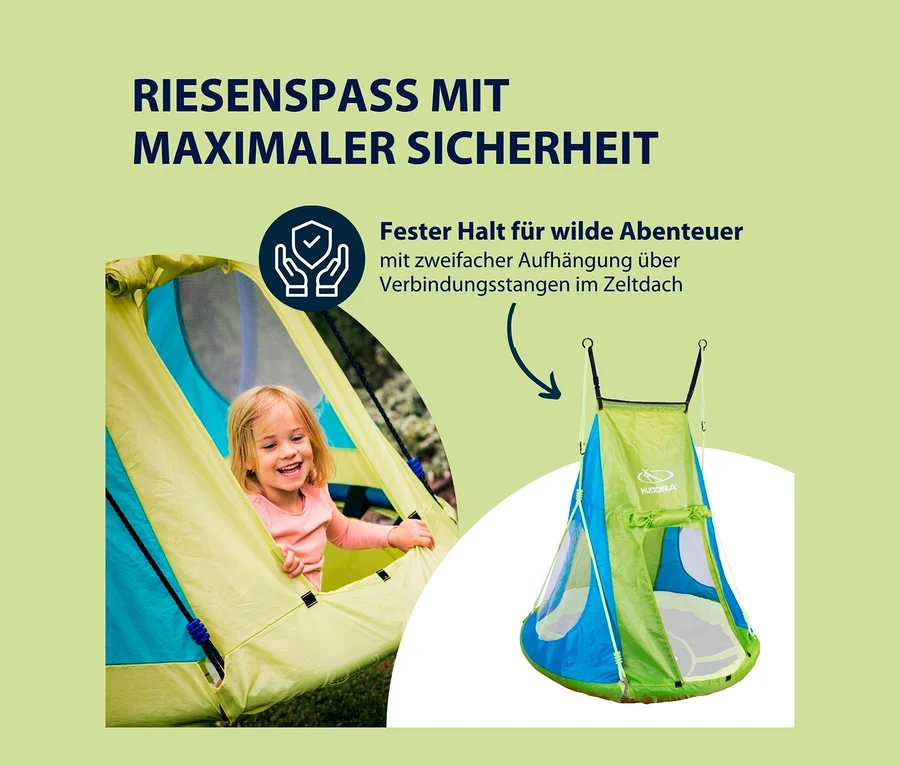 Lächelndes Mädchen schaut aus HUDORA Nestschaukel-Zelt Cosy Castle 110.