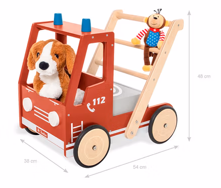 Roter Pinolino Lauflernwagen »Feuerwehrauto Fred« aus Holz mit Plüschhund und Affe.